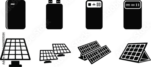 Set of solar panels and portable battery chargers, representing renewable energy and sustainable power solutions
