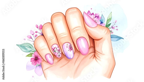 A hand holding beautifully manicured nails, adorned with delicate floral designs, showcasing a soft, pastel color palette and a delicate, artistic style.