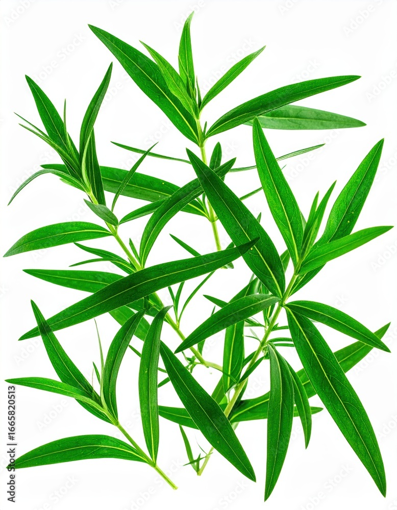 Obraz premium Aromatic Tarragon Delight: Fresh Culinary Herb Sprigs on a Clean White Backdrop