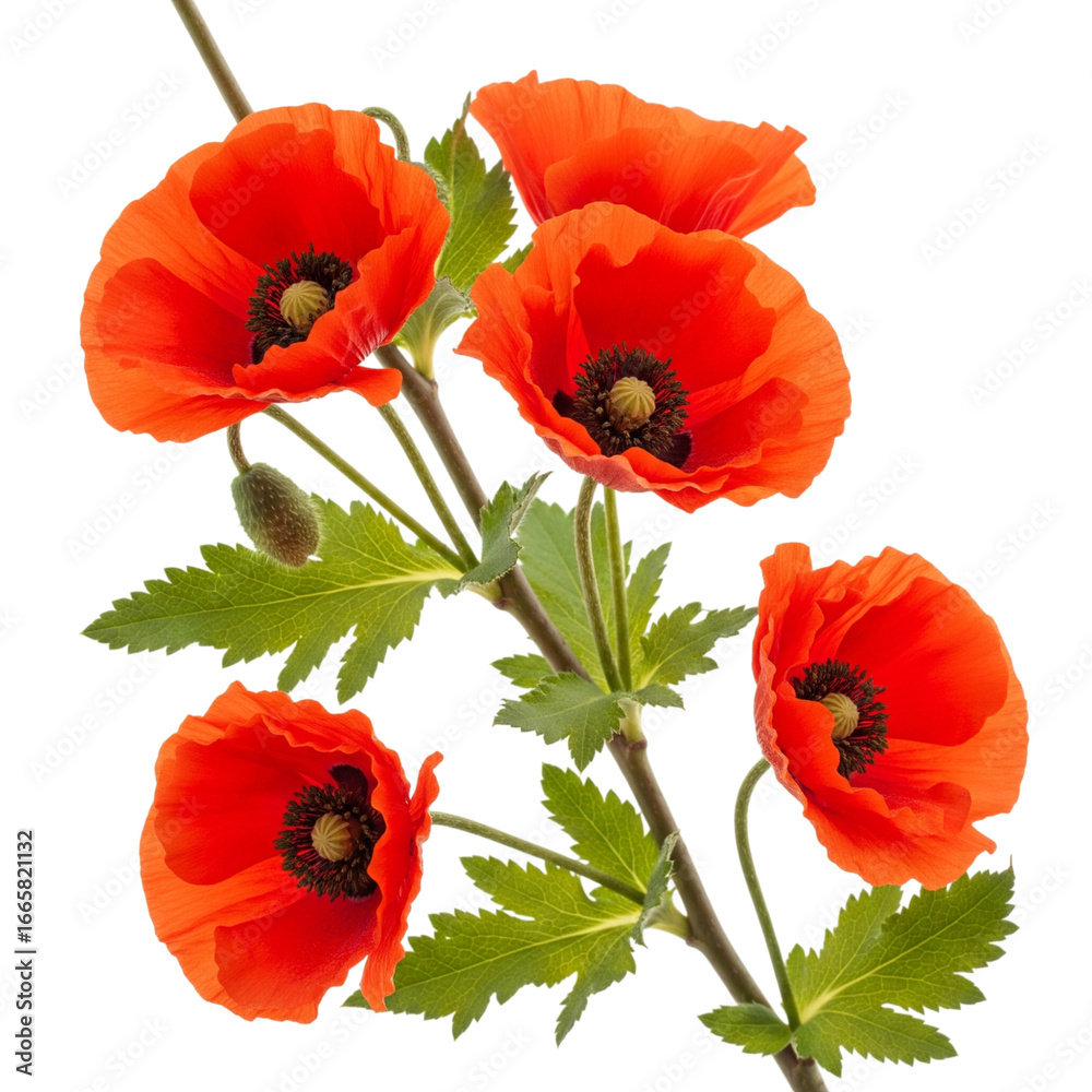Naklejka premium Vibrant red poppies on a stem isolated on transparent background