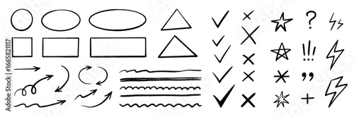 Chalk check mark arrow collection. Blackboard doodle style symbols, sketchy pencil quotes, checkboxes and hand drawn crayon underline. Pencil chalk stroke texture highlight, arrow. Vector illustration