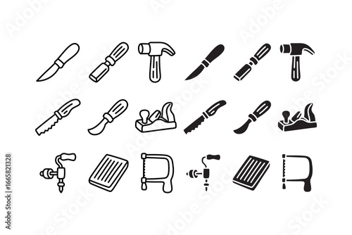 Carpentry tools outline art and solid icons set. Woodworking hand tool line and silhouette symbol collection. Hammer, Saw, Drill, Plane, Chisel, Craftsman, Constructor, Carpenter. Vector Illustration