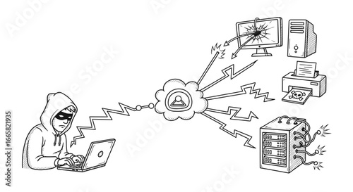 Hacker attacks computer network and systems via cloud service