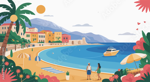 A picturesque coastal town with a beach sailboat and floral accents
