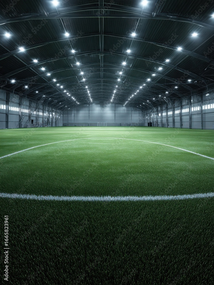 Fototapeta premium brightly lit indoor soccer field with artificial turf