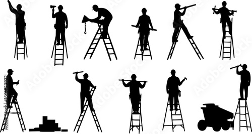 Silhouette of workers on ladders with tools and gears, representing construction and mechanical themes | editable eps vectors
