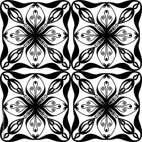 Seamless Black and White Floral Tile Mandala Pattern – Vector Decorative Design for Wallpaper, Fabric, Scrapbooking, Wrapping Paper, and Digital Backgrounds