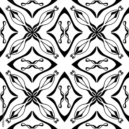 Seamless Black and White Geometric Floral Tile Pattern – Vector Decorative Design for Wallpaper, Fabric, Scrapbooking, Wrapping Paper, and Digital Backgrounds