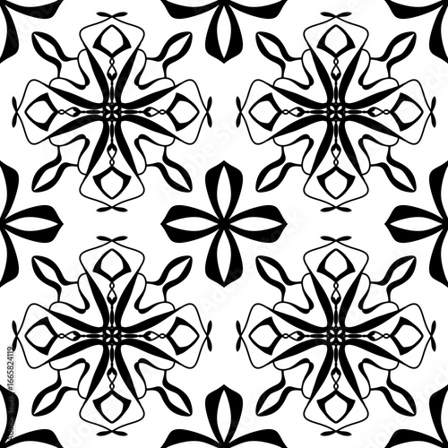 Seamless Black and White Geometric Floral Mandala Pattern – Vector Decorative Tile Design for Wallpaper, Fabric, Scrapbooking, Wrapping Paper, and Digital Backgrounds
