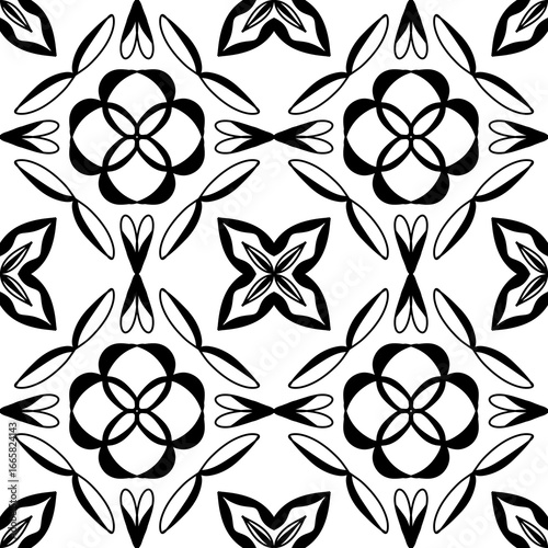 Seamless Black and White Floral Geometric Tile Pattern – Vector Decorative Design for Wallpaper, Fabric, Scrapbooking, Wrapping Paper, and Digital Backgrounds