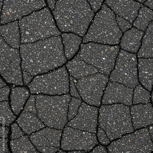Cracked asphalt surface with detailed texture showing extensive damage. Close-up view of a deteriorated road surface with deep fissures and broken pieces.