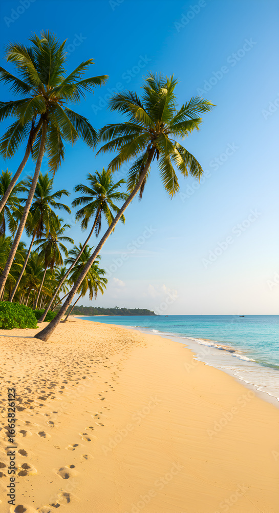 Obraz premium Photo Palm Trees On Sandy Beach With Turquoise Water Under Blue Sky