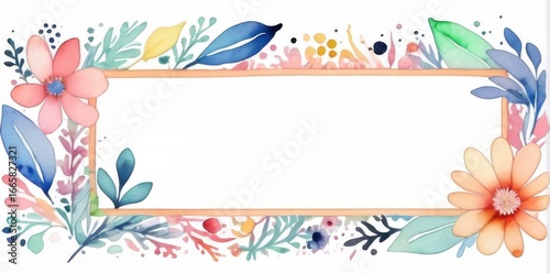 Pastel Watercolor Floral Frame with Peach Border and White Background