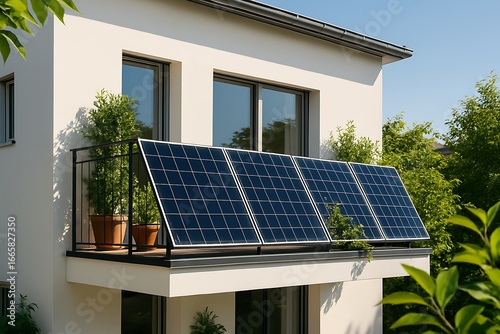 Solar panels installed on a balcony of a modern house, showcasing urban renewable energy solutions and sustainable living in residential areas