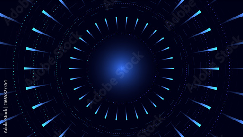 Abstract circle futuristic background with gradient neon curve. Zoom and fast motion in cyberspace for high tech time machine in sci fi innovation, title copy space frame. Digital cyber big data tech.