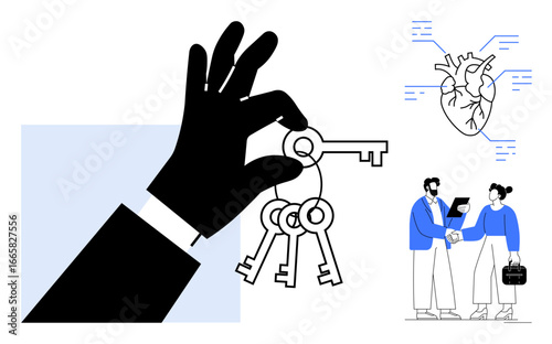 Hand holding multiple keys symbolizing access, accompanied by a handshake between two businesspeople and a visual heart with connected lines. Ideal for success, opportunity, teamwork, data
