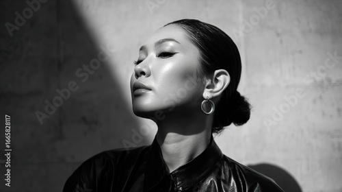 Black and white portrait of a woman with hair tied in a low bun, wearing sparkling diamond earrings and a sleek black leather jacket for a stylish, timeless look.