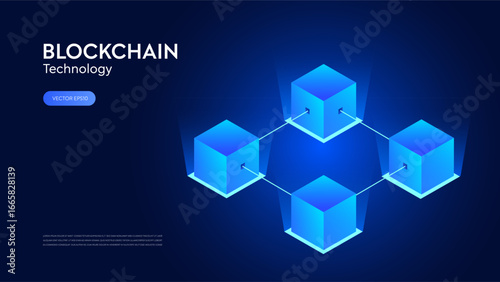 3D isometric gradient blockchain cube connection with node bitcoin link icon. Virtual futuristic cryptocurrency trade. 3D neon crypto currency block network system for financial tech with glow effect.