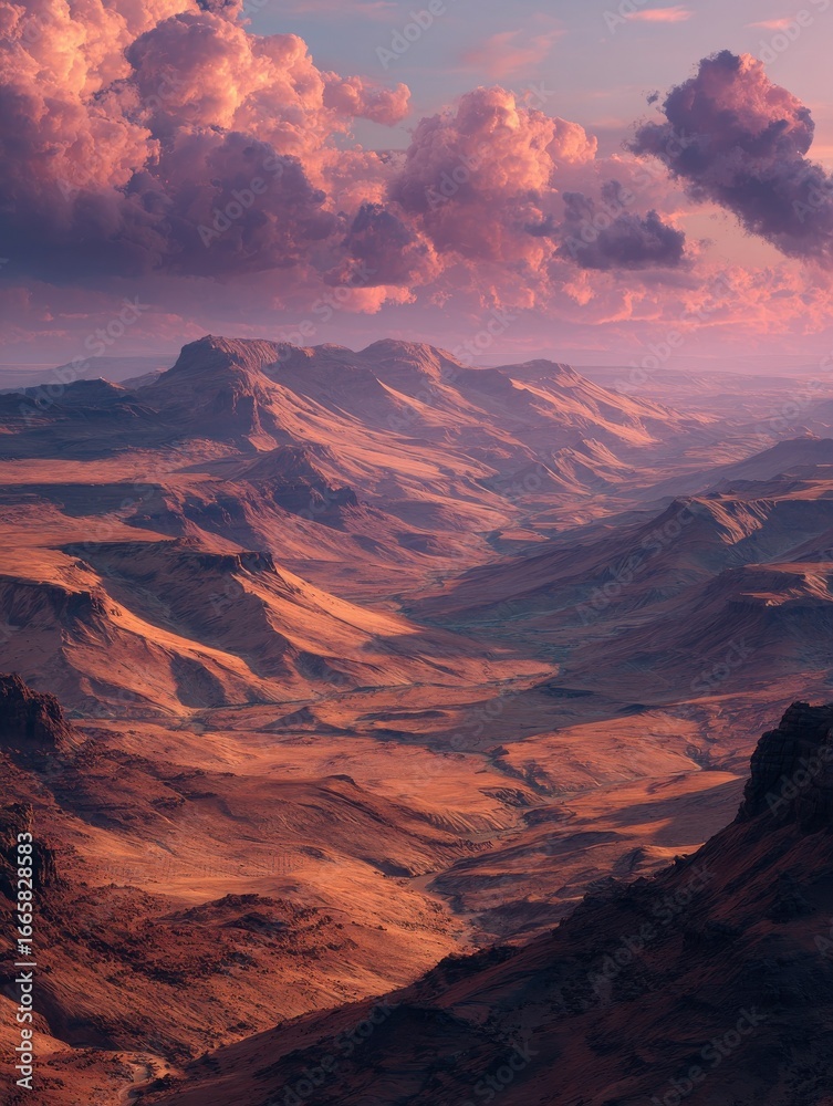 Obraz premium vast desert valley at dusk with last light reflecting on the clouds