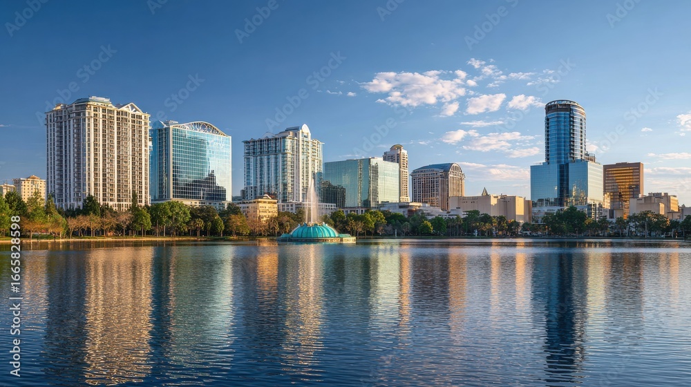 Naklejka premium orlando florida usa downtown city skyline on eola lake no logos no brands ar 169