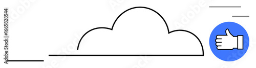 Cloud with clean line art, blue circle highlighting hand giving thumbs-up in approval. Ideal for technology, cloud computing, feedback, positivity, networking, minimalism, and a simple landing page