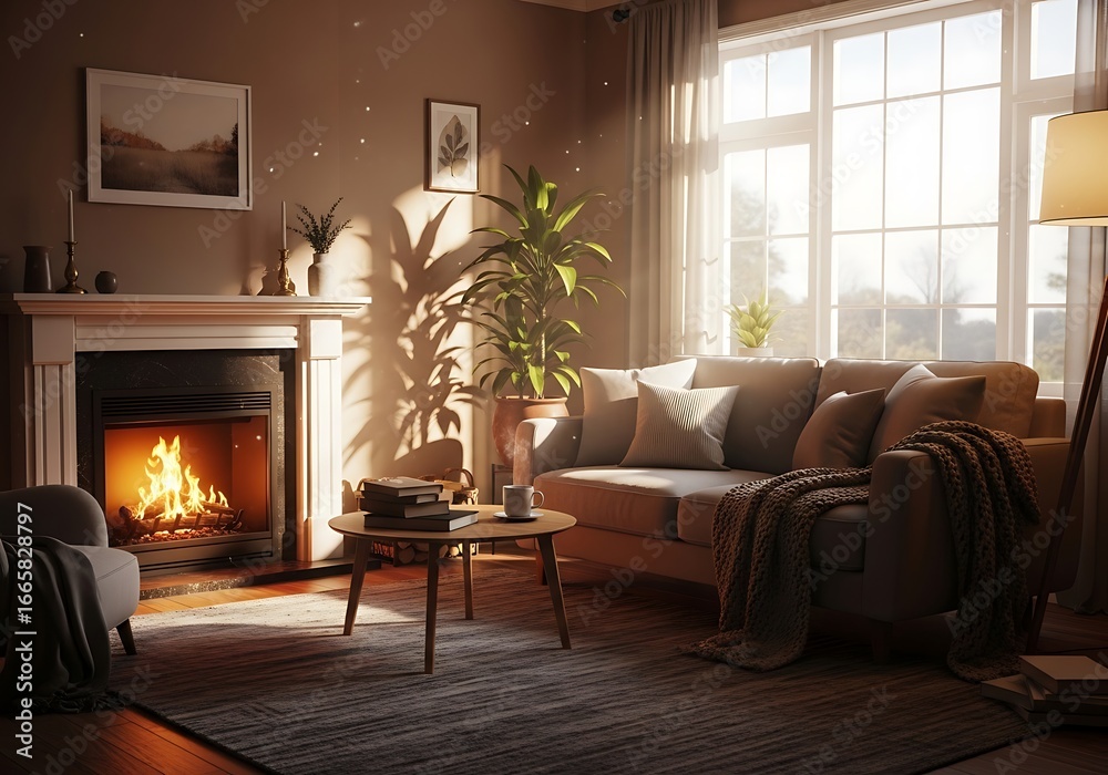 Fototapeta premium Cozy living room with fireplace and sunlight