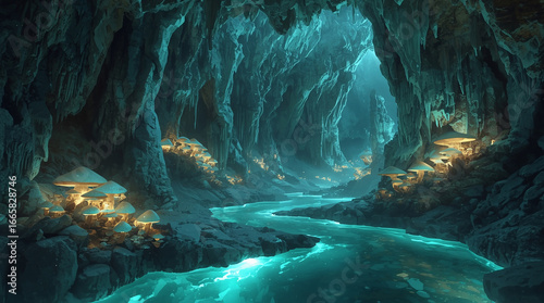 A magical underground cavern glowing with mushrooms and rivers