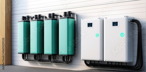Teal Battery Units and White Inverters on a Textured White Wall