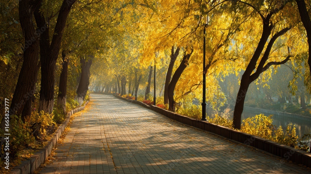 Naklejka premium Beautiful Autumn Pathway Through a Park With Golden Leaves and Serene Atmosphere