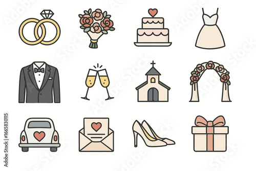 Wedding icon set: rings, bouquet, cake, dress, suit, champagne, church, arch, car, invitation, shoes, gift