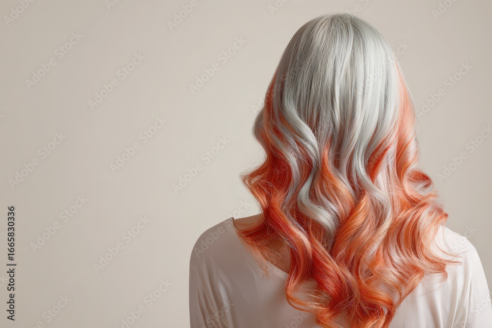 Naklejka premium Vibrant, wavy hair with a striking two-toned color gradient of soft gray and coral-orange hues, showcasing a stylish and modern look against a neutral backdrop.