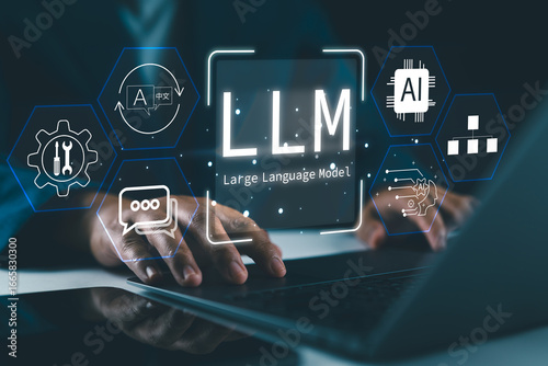 LLM Large Language Model and AI technology concept. Person working with LLM interface icons, artificial intelligence, deep learning, machine learning, natural language processing, Chat AI, Chatbot,