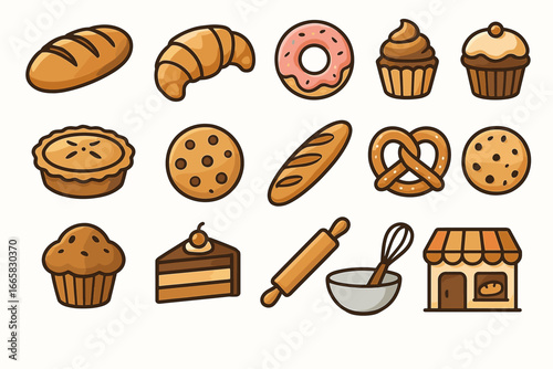 Assorted bakery items: bread, pastries, cookies, and baking tools icons