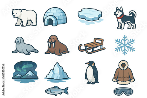 Winter arctic animals and objects: polar bear, husky, penguin, iceberg, igloo, sled, walrus
