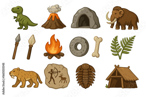 Prehistoric icons: dinosaurs, mammoth, cave, spears, fire, fossils, shelter