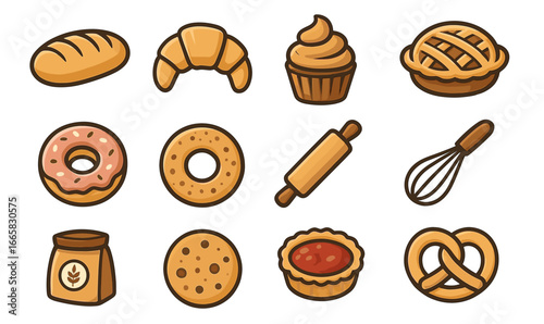 Assorted bakery items: bread, pastry, cake, cookie, cupcake, donut, pie, tools