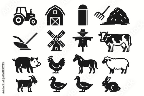 Farm icons collection: tractor, barn, windmill, animals, tools