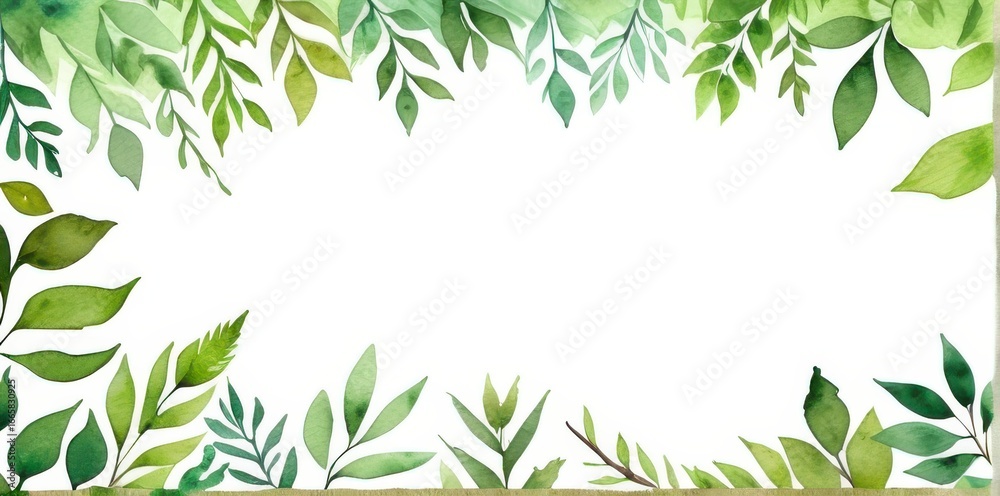 Fototapeta premium Watercolor Green Leaves Frame on White Background