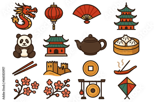 Traditional chinese symbols: dragon, lantern, pagoda, panda, teapot, dumplings, great wall