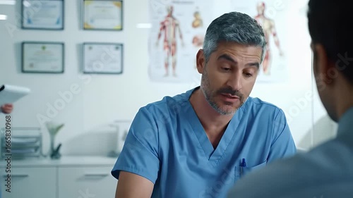 Grey-haired middle-aged male doctor in blue scrubs consulting patient, explaining diagnosis in medical office setting. Woman nurse enters room with clipboard.