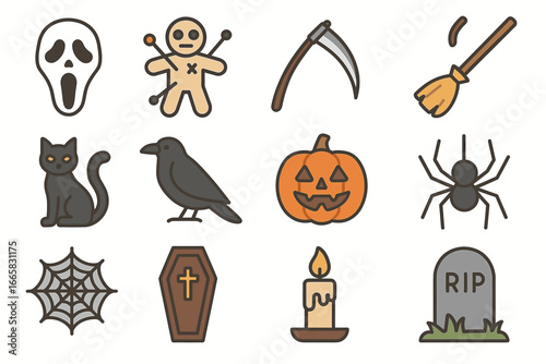 Halloween icons: ghost, voodoo doll, scythe, broom, cat, crow, pumpkin, spider, web, coffin, candle, tombstone