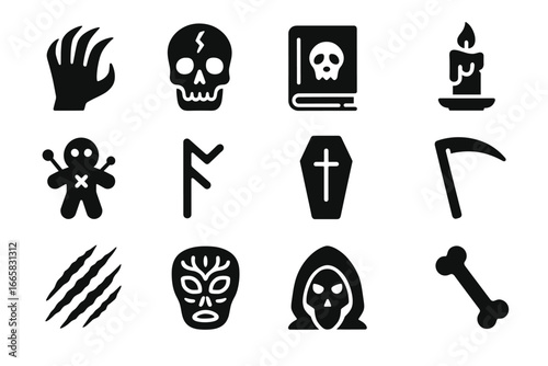 Spooky halloween icons: skull, grim reaper, voodoo doll, candle, scythe, mask