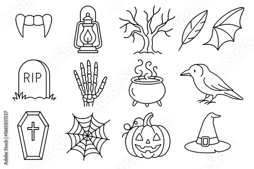 Halloween icons: vampire fangs, lantern, spooky tree, bat wings, ghostly tombstone, skeleton hand