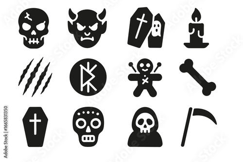Halloween icons: skulls, devils, coffins, candles, bones, horror symbols