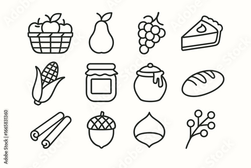 Fruit, pastries, and harvest outlined icons: apples, pear, grapes, pie, corn, and more