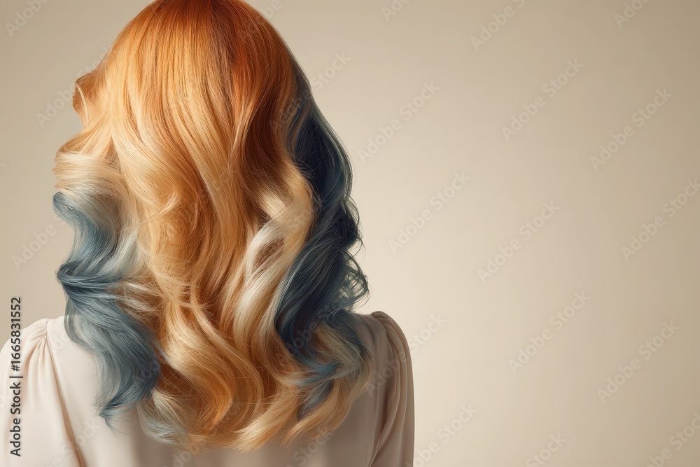 Obraz premium A woman's back view showcases beautifully styled, wavy hair with vibrant ombre colors.