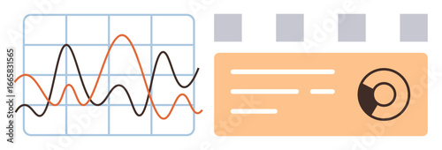 Line graph showcasing trends alongside an orange dashboard panel with data visualization and chart. Ideal for business analysis, analytics, reporting, statistics, forecasting, strategy, simple flat