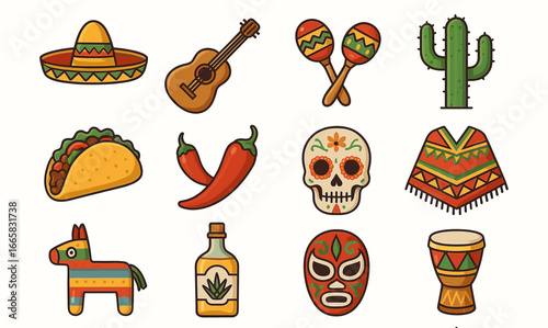 Colorful mexican cultural icons: sombrero, guitar, maracas, cactus, and more