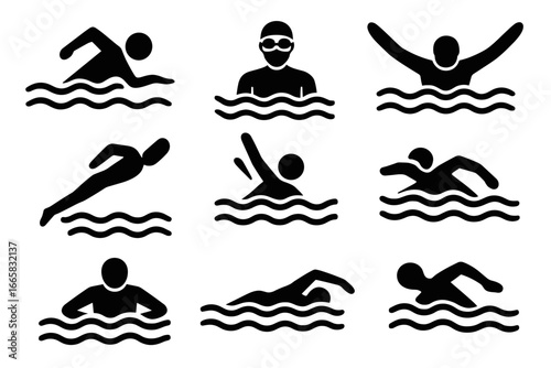 Silhouette icons of people swimming in various styles with goggles and waves