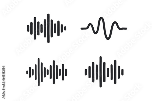 Audio waveform set: minimalist black sound waves on white background